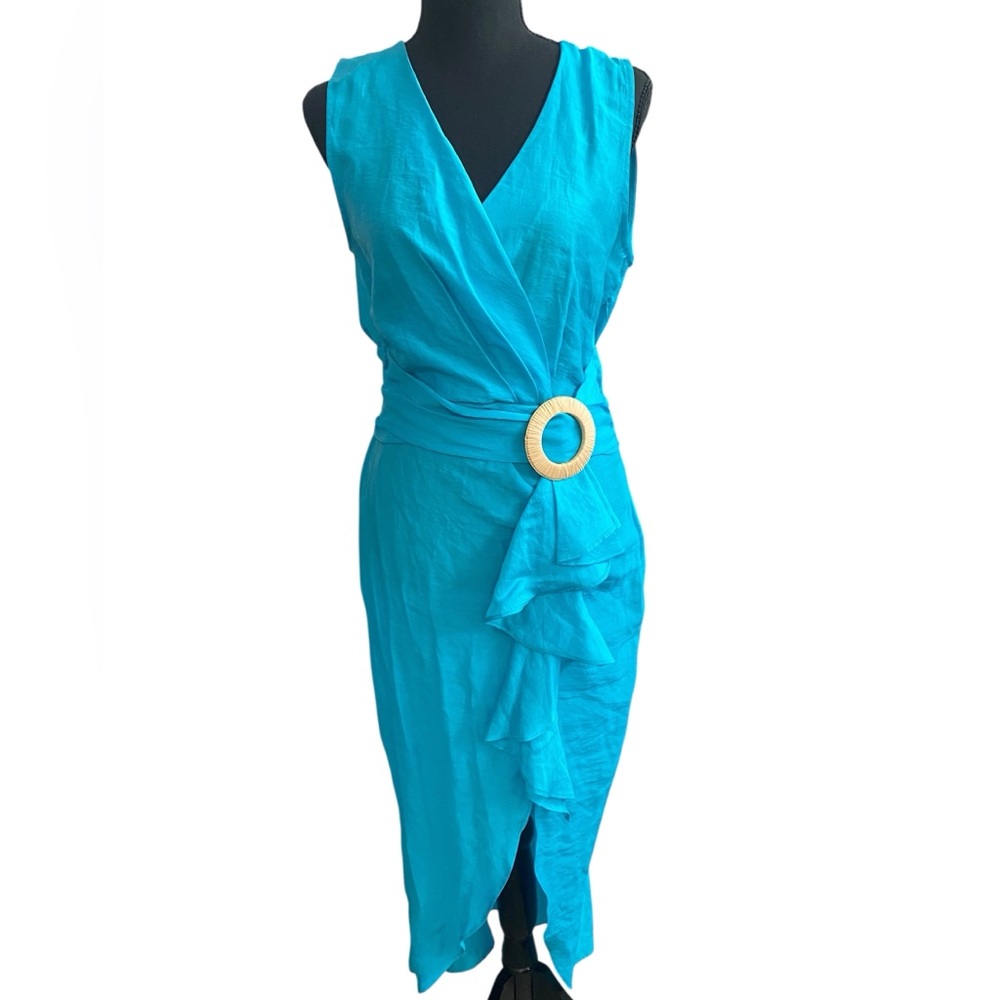 Zara Turquoise Blue Sleeveless Ruffled Wrap Front Summer Dress Size S NWOT